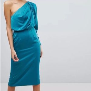 Satin Extreme Shoulder MIDI Dress